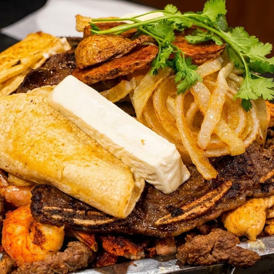 A large platter of grilled meats, shrimp, tortillas, cheese, onions, and potatoes, garnished with cilantro.