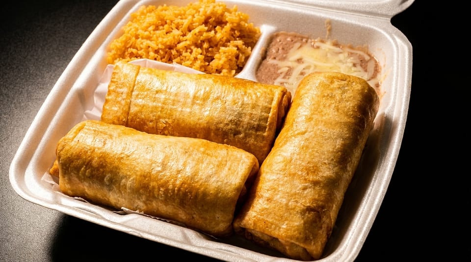 Three golden-brown chimichangas with rice and refried beans in a white takeout container.