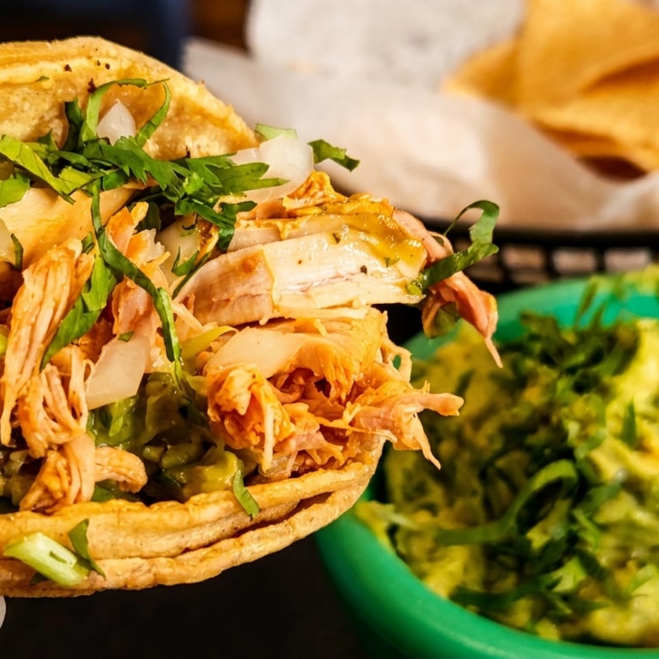 A hand holds a chicken taco with guacamole and tortilla chips in the background.
