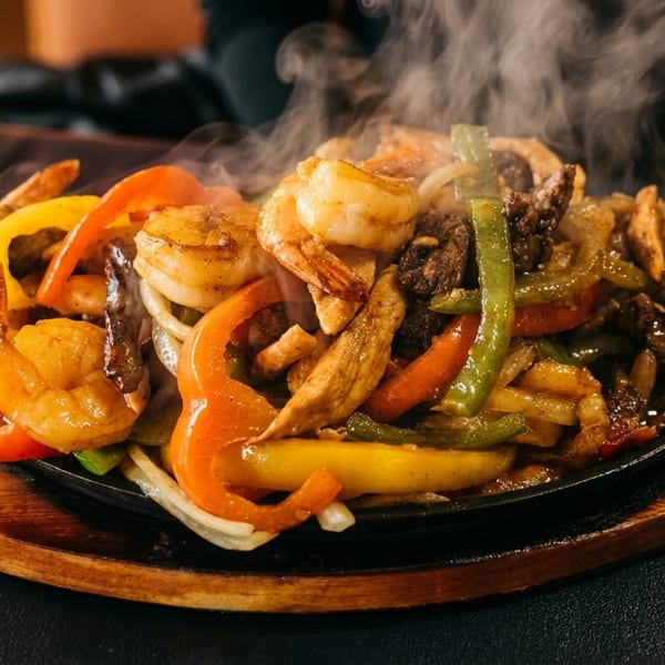 Sizzling fajitas with shrimp, beef, chicken, and colorful bell peppers on a cast iron skillet.