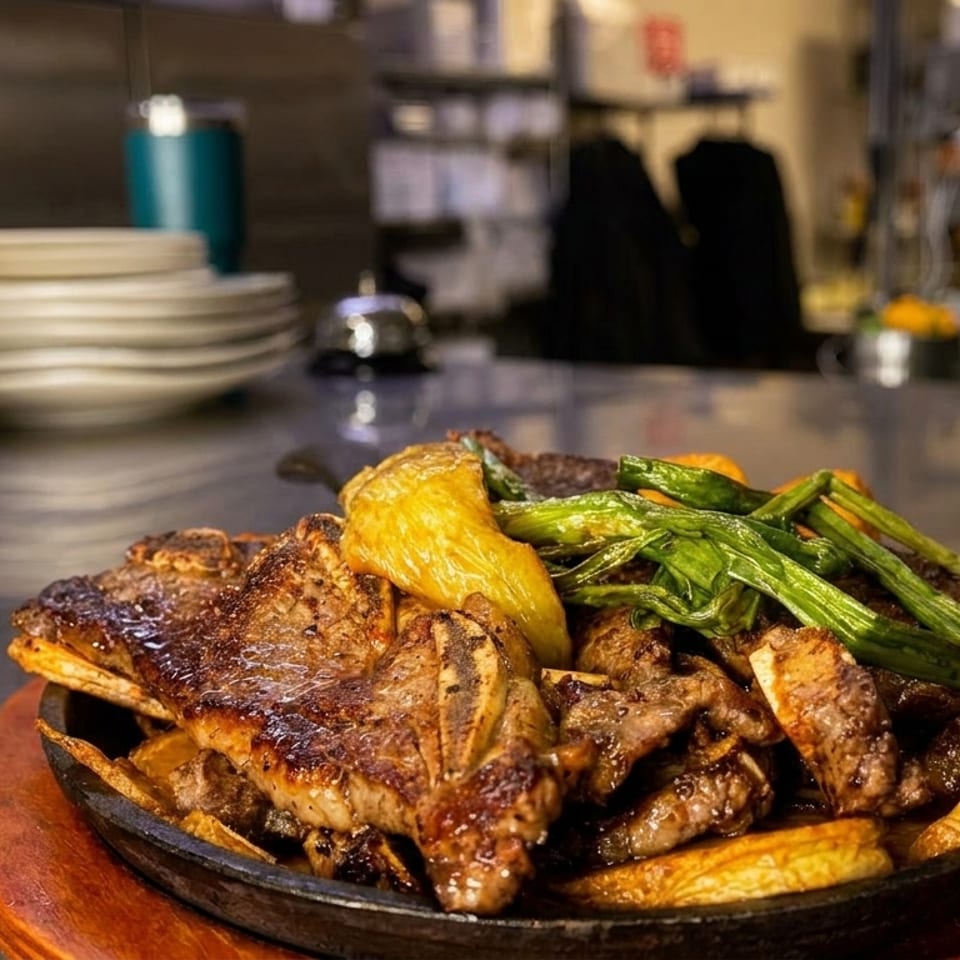 Sizzling steak and vegetables on a cast iron plate in a restaurant kitchen setting.